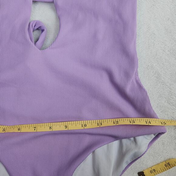 BECCA by Rebecca Virtue Fine Line Rib Skylar Plunge One-Piece Size Medium Purple - Picture 15 of 16